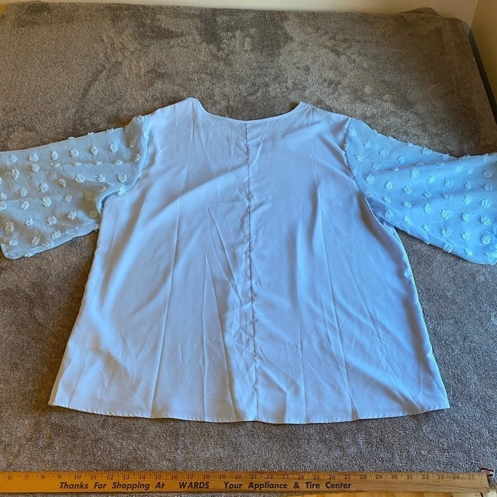 Light Blue Women's Top with Floral Sleeves Plus Size - Picture 2 of 4